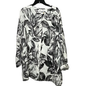 C&C California 100% Linen Black & White Floral Print Button Down Tunic Size 1XL